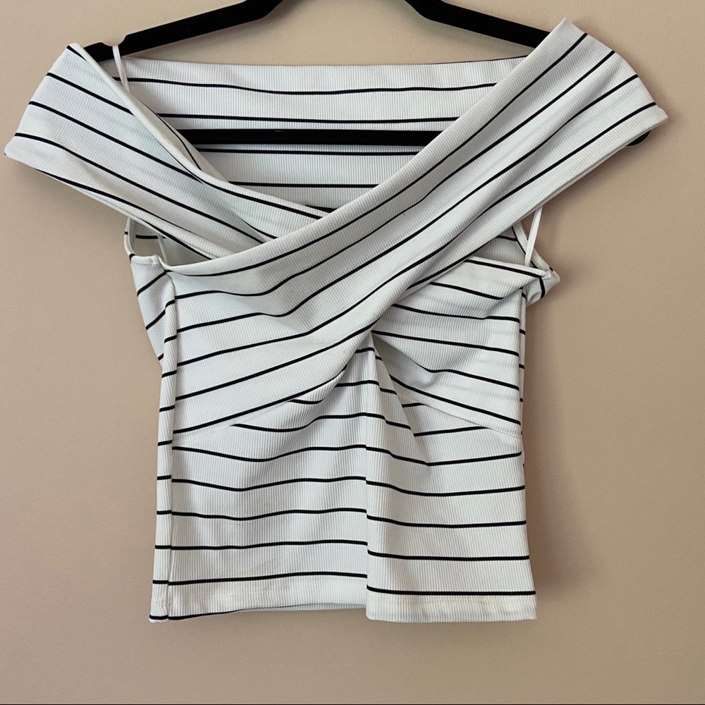 ZARA Black & White Off Shoulder Striped Crop Top